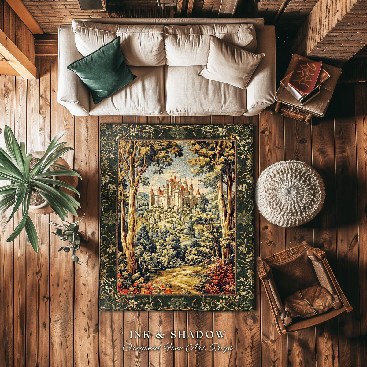 Mystic Castle Book Nook Round Rug | Ethereal Fairycore Large Area Rug Folklore Aesthetic Magical Woodland Botanical Bedroom Dark Academia |