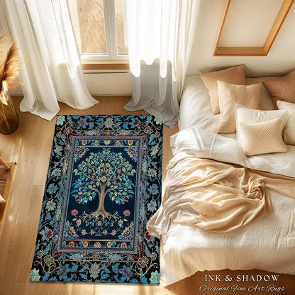 Moody Gothic Blues Tree of Life Rug | Mystical Garden Theme Vintage Floral Decor Romantic Folk Art Forestcore Maximalist Style Bedroom |