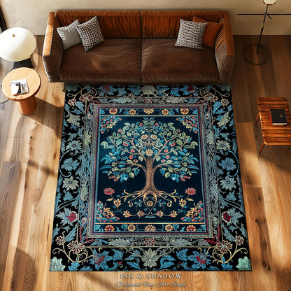 Moody Gothic Blues Tree of Life Rug | Mystical Garden Theme Vintage Floral Decor Romantic Folk Art Forestcore Maximalist Style Bedroom |