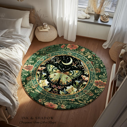 Boho Botanical Moth Rug Floral Grunge Fairycore Room Decor, Woodland Gothic Moon Butterfly Forest Green Forestcore Celestial Cottagecore Rug