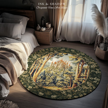 Mystic Castle Book Nook Round Rug | Ethereal Fairycore Large Area Rug Folklore Aesthetic Magical Woodland Botanical Bedroom Dark Academia |