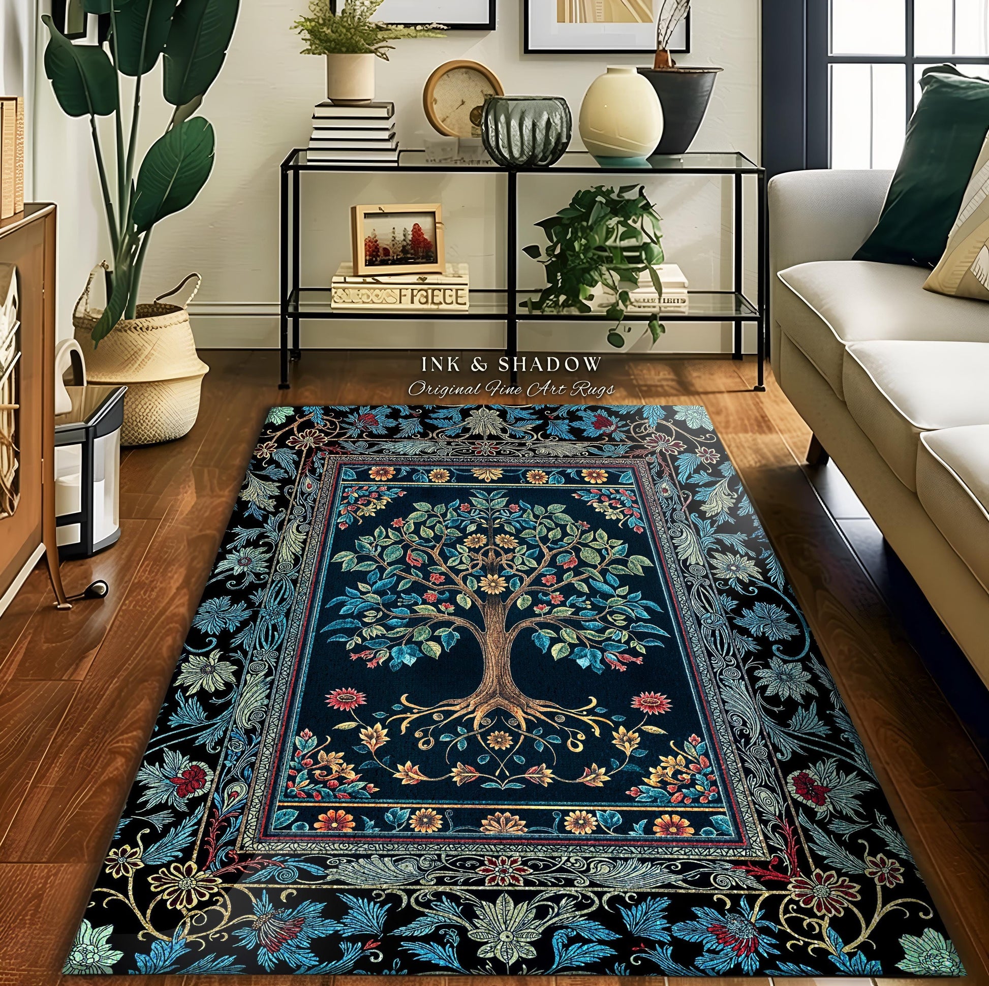 Moody Gothic Blues Tree of Life Rug | Mystical Garden Theme Vintage Floral Decor Romantic Folk Art Forestcore Maximalist Style Bedroom |