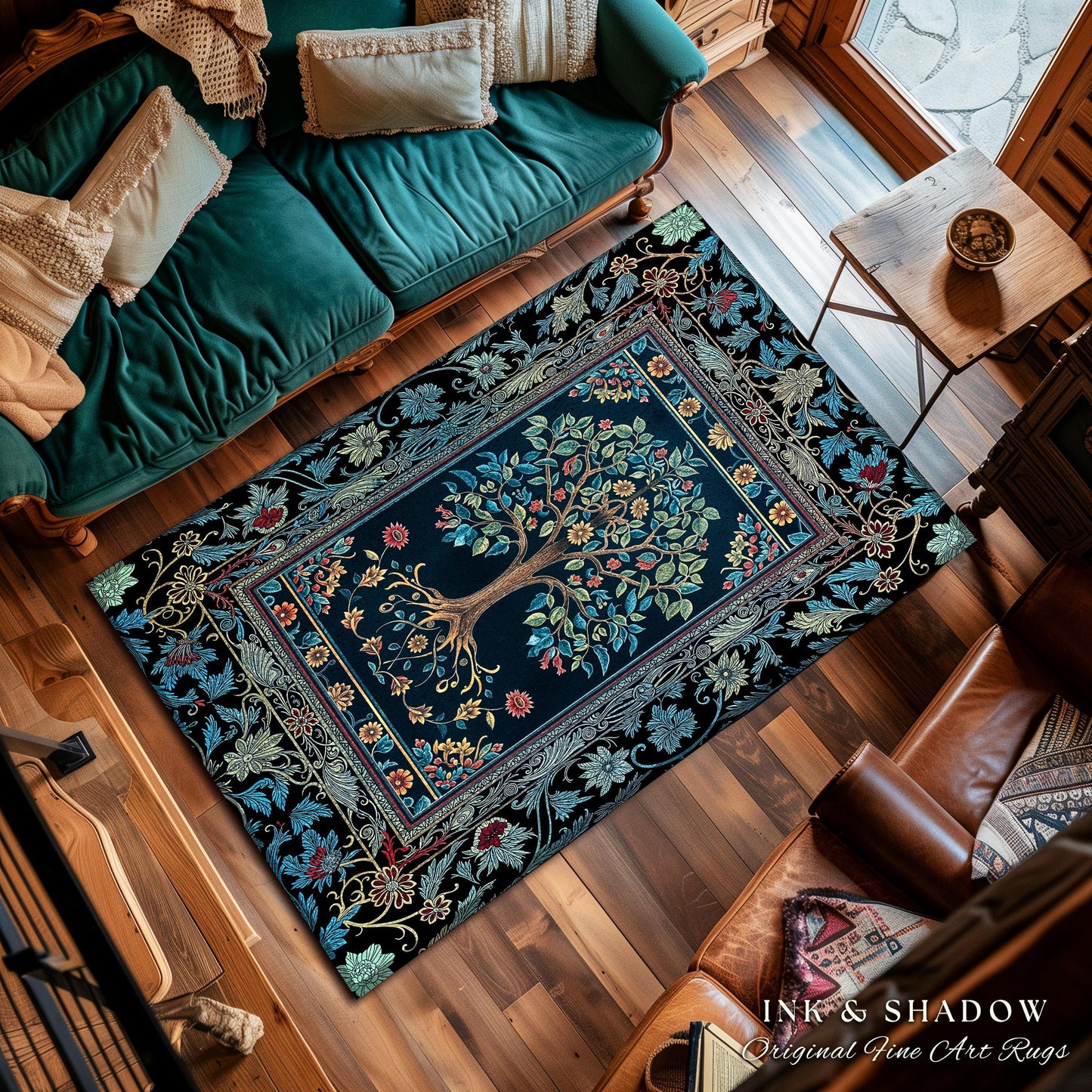 Moody Gothic Blues Tree of Life Rug | Mystical Garden Theme Vintage Floral Decor Romantic Folk Art Forestcore Maximalist Style Bedroom |