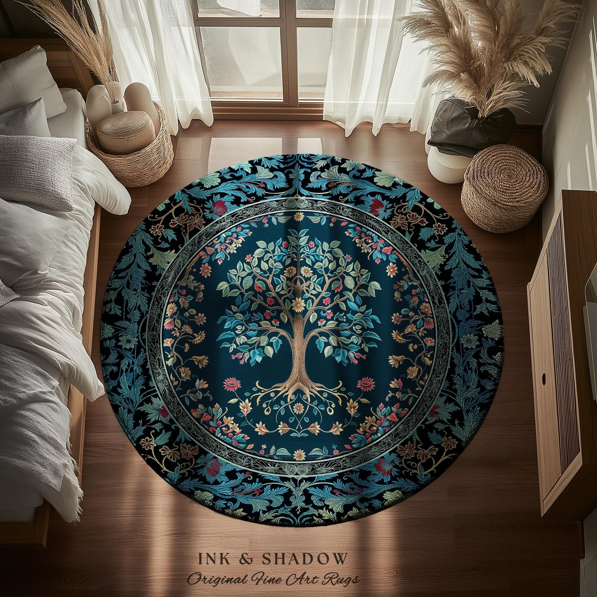Moody Gothic Blues Tree of Life Rug | Mystical Garden Theme Vintage Floral Decor Romantic Folk Art Forestcore Maximalist Style Bedroom |