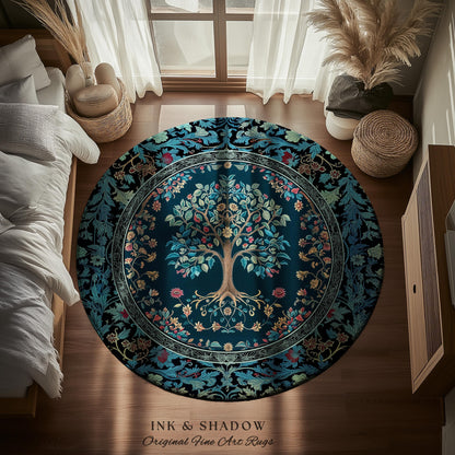 Moody Gothic Blues Tree of Life Rug | Mystical Garden Theme Vintage Floral Decor Romantic Folk Art Forestcore Maximalist Style Bedroom |