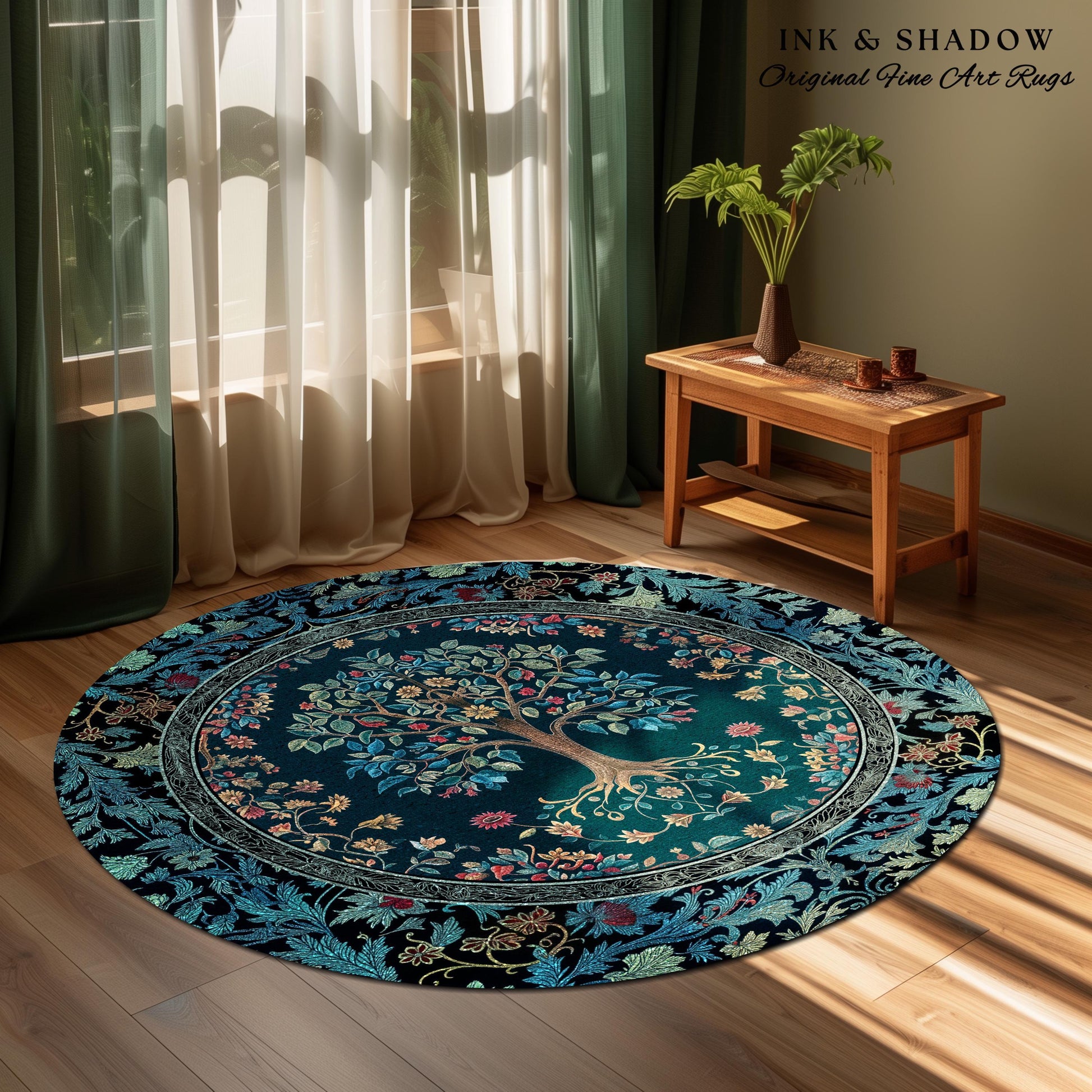 Moody Gothic Blues Tree of Life Rug | Mystical Garden Theme Vintage Floral Decor Romantic Folk Art Forestcore Maximalist Style Bedroom |