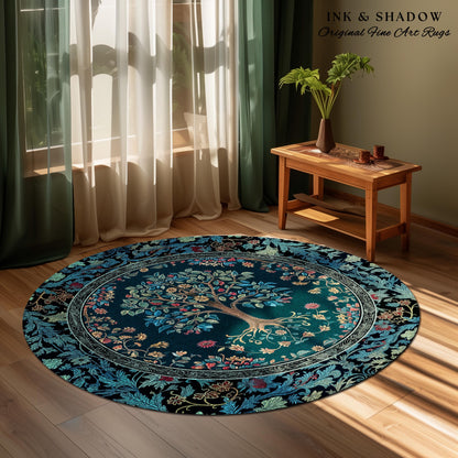 Moody Gothic Blues Tree of Life Rug | Mystical Garden Theme Vintage Floral Decor Romantic Folk Art Forestcore Maximalist Style Bedroom |