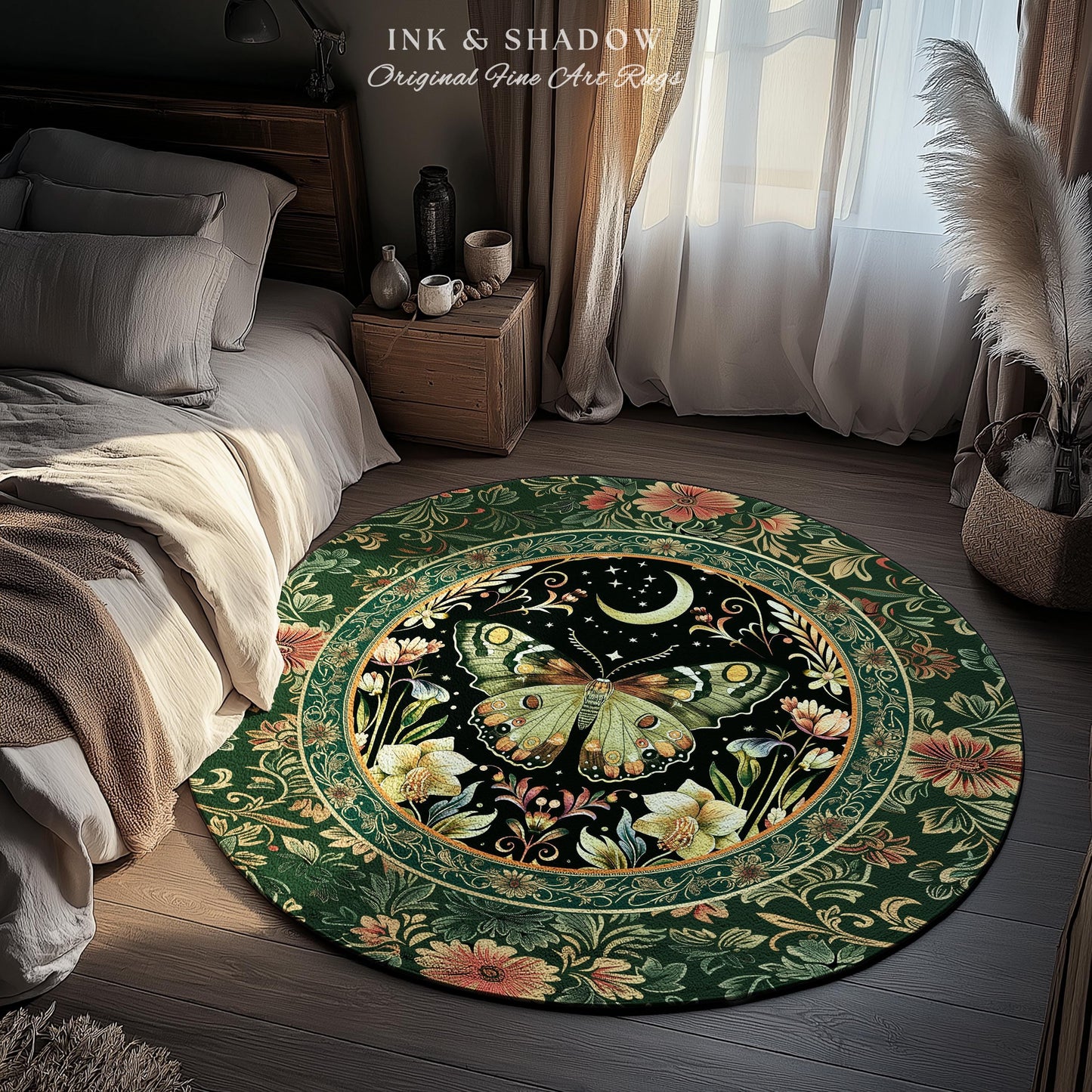 Boho Botanical Moth Rug Floral Grunge Fairycore Room Decor, Woodland Gothic Moon Butterfly Forest Green Forestcore Celestial Cottagecore Rug