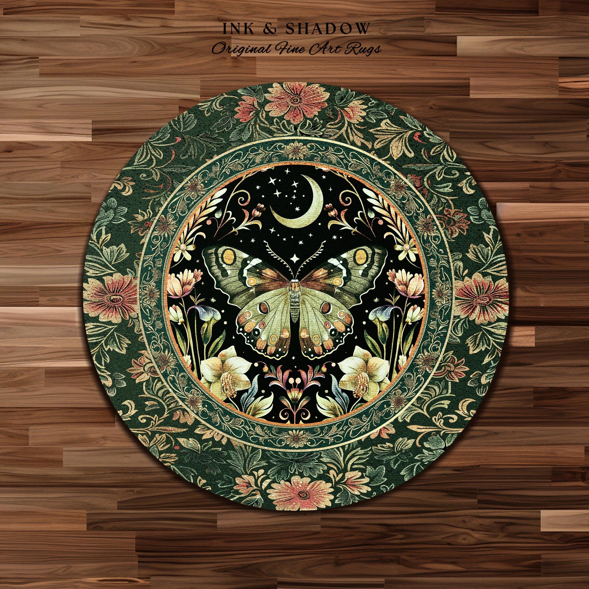 Boho Botanical Moth Rug Floral Grunge Fairycore Room Decor, Woodland Gothic Moon Butterfly Forest Green Forestcore Celestial Cottagecore Rug