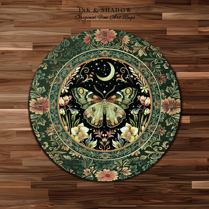 Boho Botanical Moth Rug Floral Grunge Fairycore Room Decor, Woodland Gothic Moon Butterfly Forest Green Forestcore Celestial Cottagecore Rug