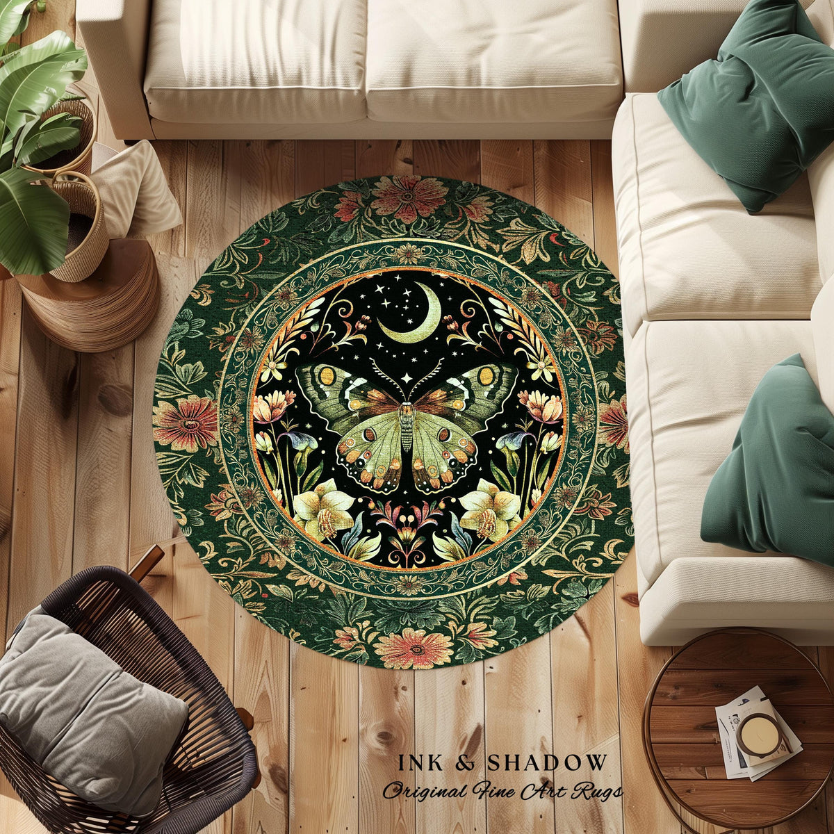 Boho Botanical Moth Rug Floral Grunge Fairycore Room Decor, Woodland Gothic Moon Butterfly Forest Green Forestcore Celestial Cottagecore Rug