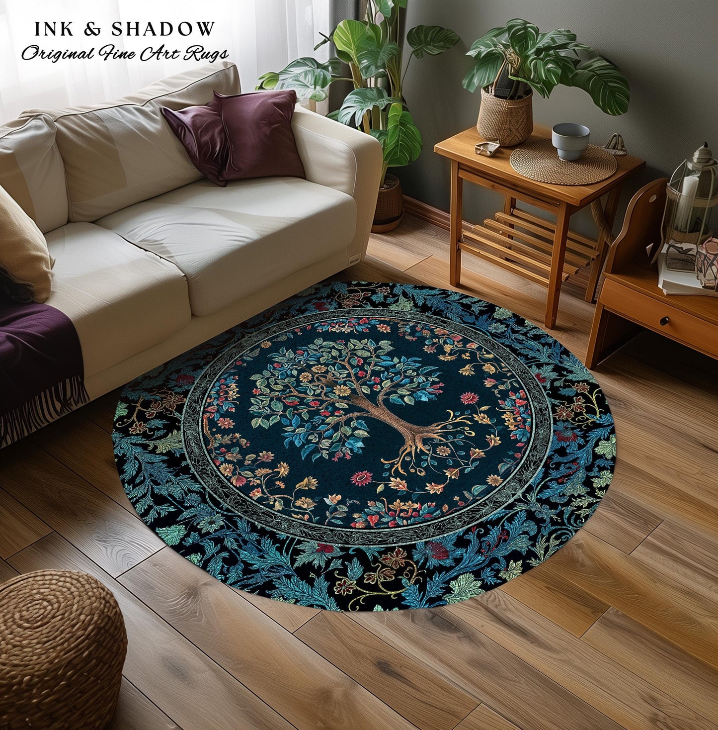 Moody Gothic Blues Tree of Life Rug | Mystical Garden Theme Vintage Floral Decor Romantic Folk Art Forestcore Maximalist Style Bedroom |