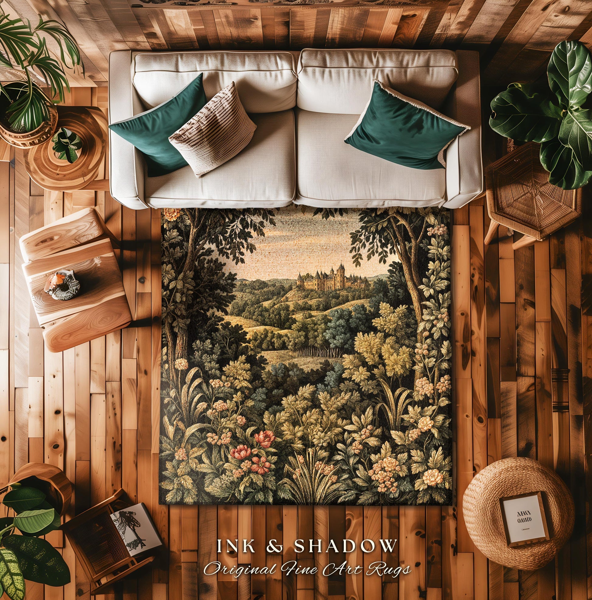 Medieval Meadow Area Rug | Rustic Fairytale Castle Landscape Woodland Fairy Folklore Princesscore Aesthetic Mystic Victorian Floral Accent
