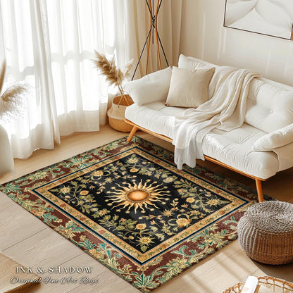 Ethereal Energy Celestial Bedroom Rug | Mystic Boho Maximalist Astrology Inspired Witchy Sun and Moon Gothic Tarot Aesthetic Enchanted Decor