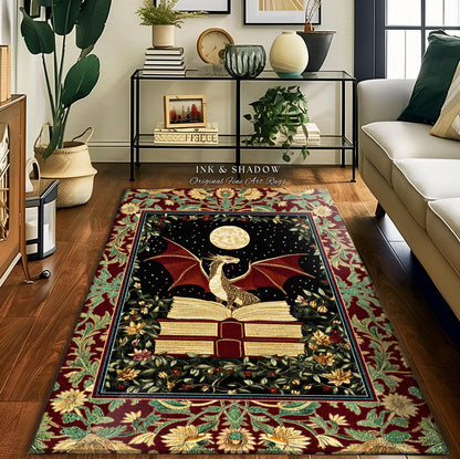 Baroque Maximalist Dragon Lover Rug | Dark Academia Reading Corner Area Rug Ethereal Bedroom Whimsigothic Enchanting Home Accent Boho Gothic
