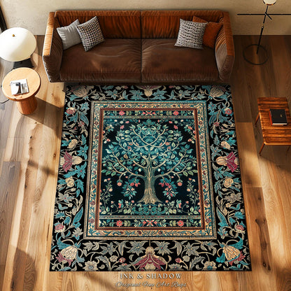Mystic Ornamental Morris Inspired Tree Rug | Cool Tones Botanical Design Fairytale Floral Art Romantic Aesthetic Rococo Cottagecore Accent