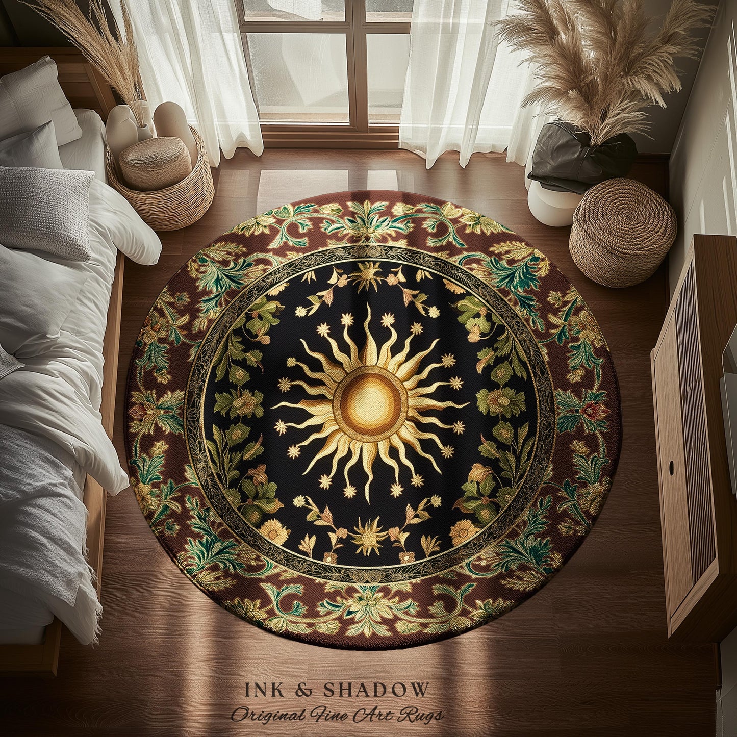 Ethereal Energy Celestial Bedroom Rug | Mystic Boho Maximalist Astrology Inspired Witchy Sun and Moon Gothic Tarot Aesthetic Enchanted Decor
