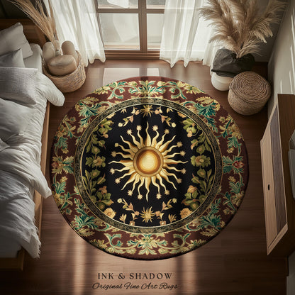 Ethereal Energy Celestial Bedroom Rug | Mystic Boho Maximalist Astrology Inspired Witchy Sun and Moon Gothic Tarot Aesthetic Enchanted Decor