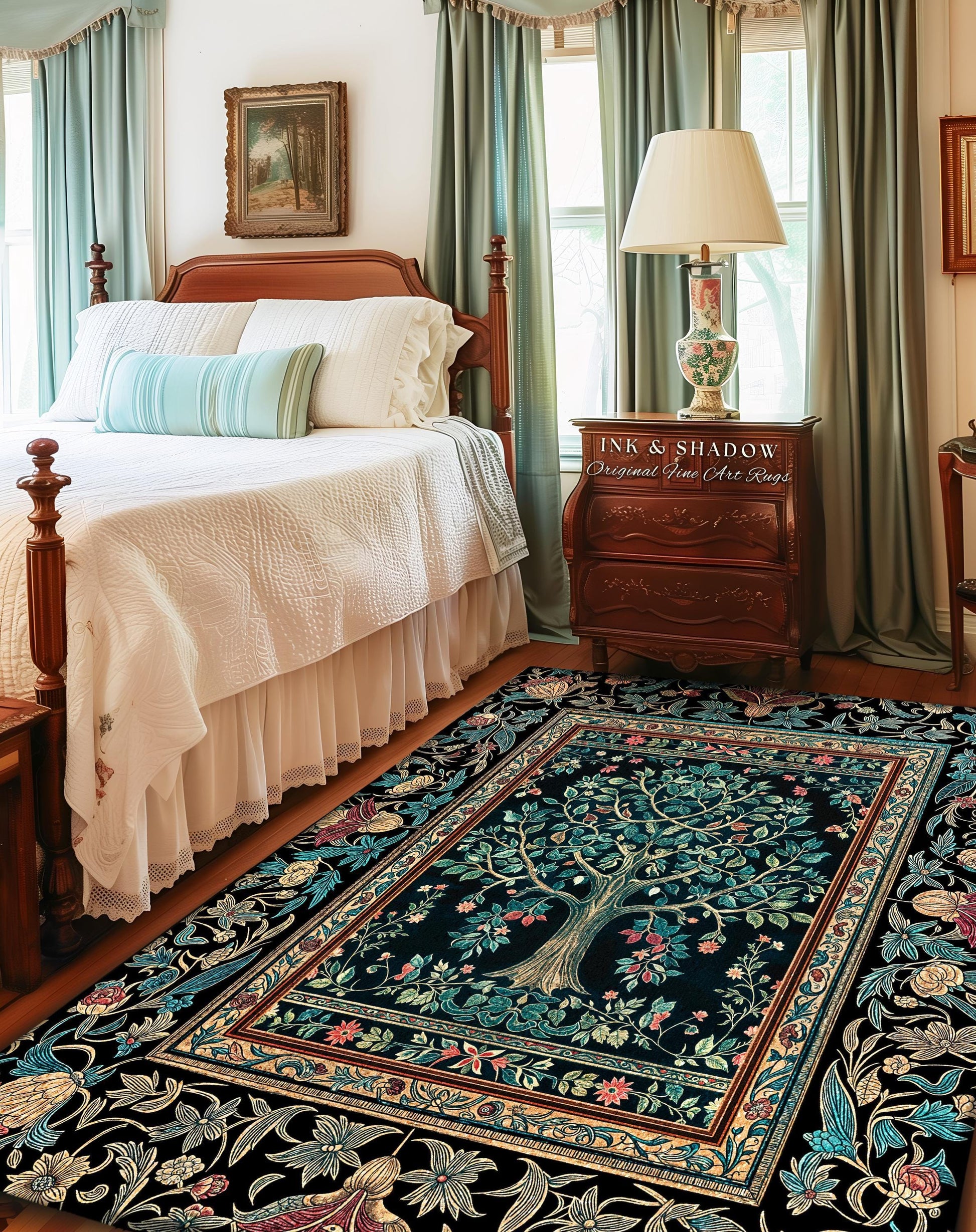 Mystic Ornamental Morris Inspired Tree Rug | Cool Tones Botanical Design Fairytale Floral Art Romantic Aesthetic Rococo Cottagecore Accent