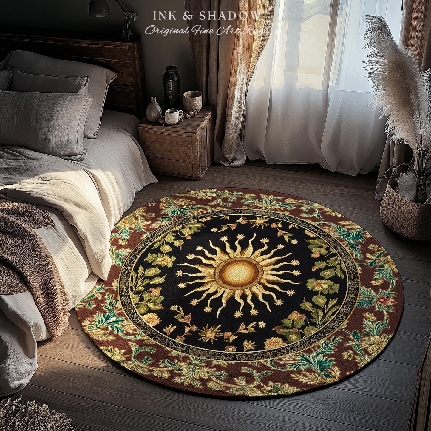 Ethereal Energy Celestial Bedroom Rug | Mystic Boho Maximalist Astrology Inspired Witchy Sun and Moon Gothic Tarot Aesthetic Enchanted Decor
