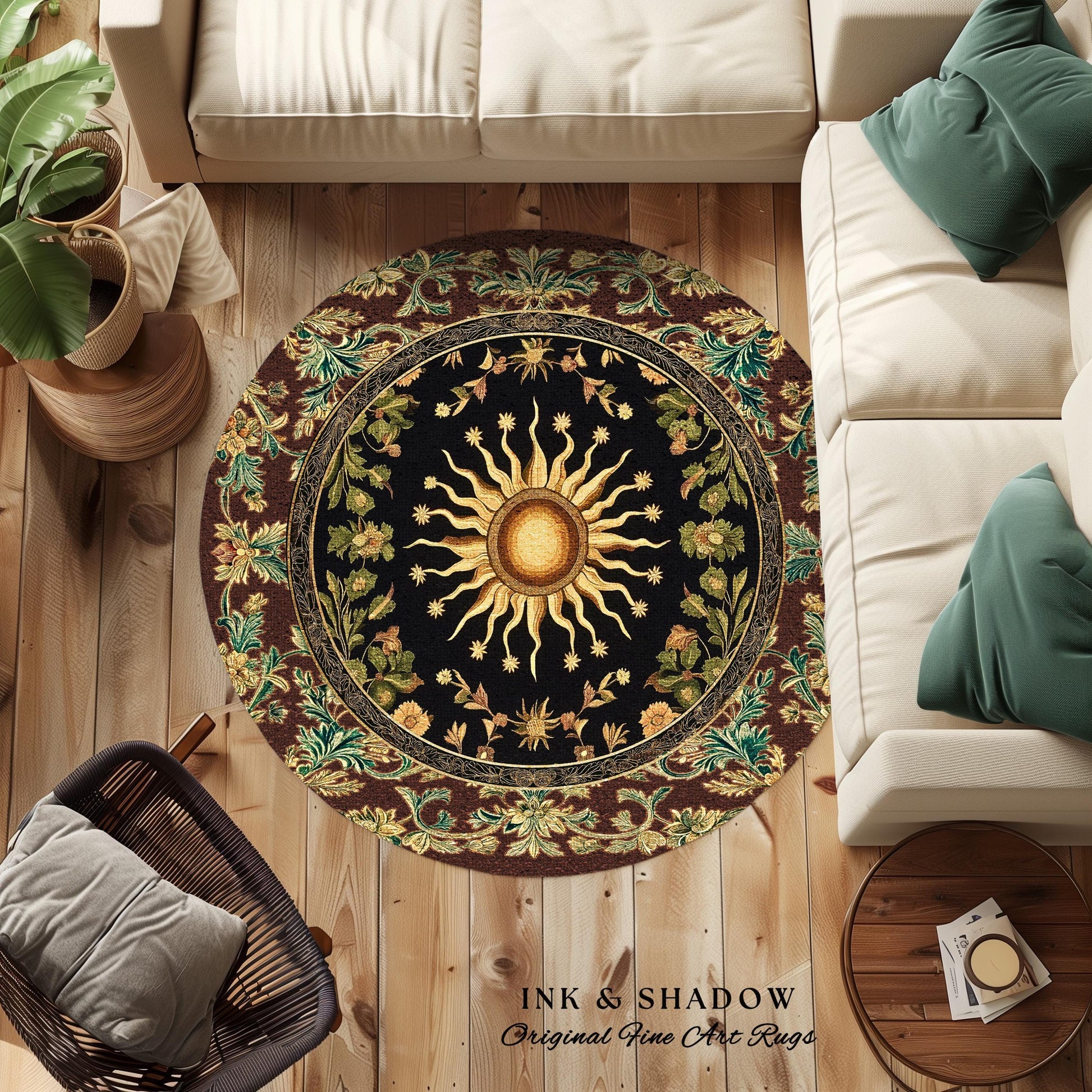 Ethereal Energy Celestial Bedroom Rug | Mystic Boho Maximalist Astrology Inspired Witchy Sun and Moon Gothic Tarot Aesthetic Enchanted Decor