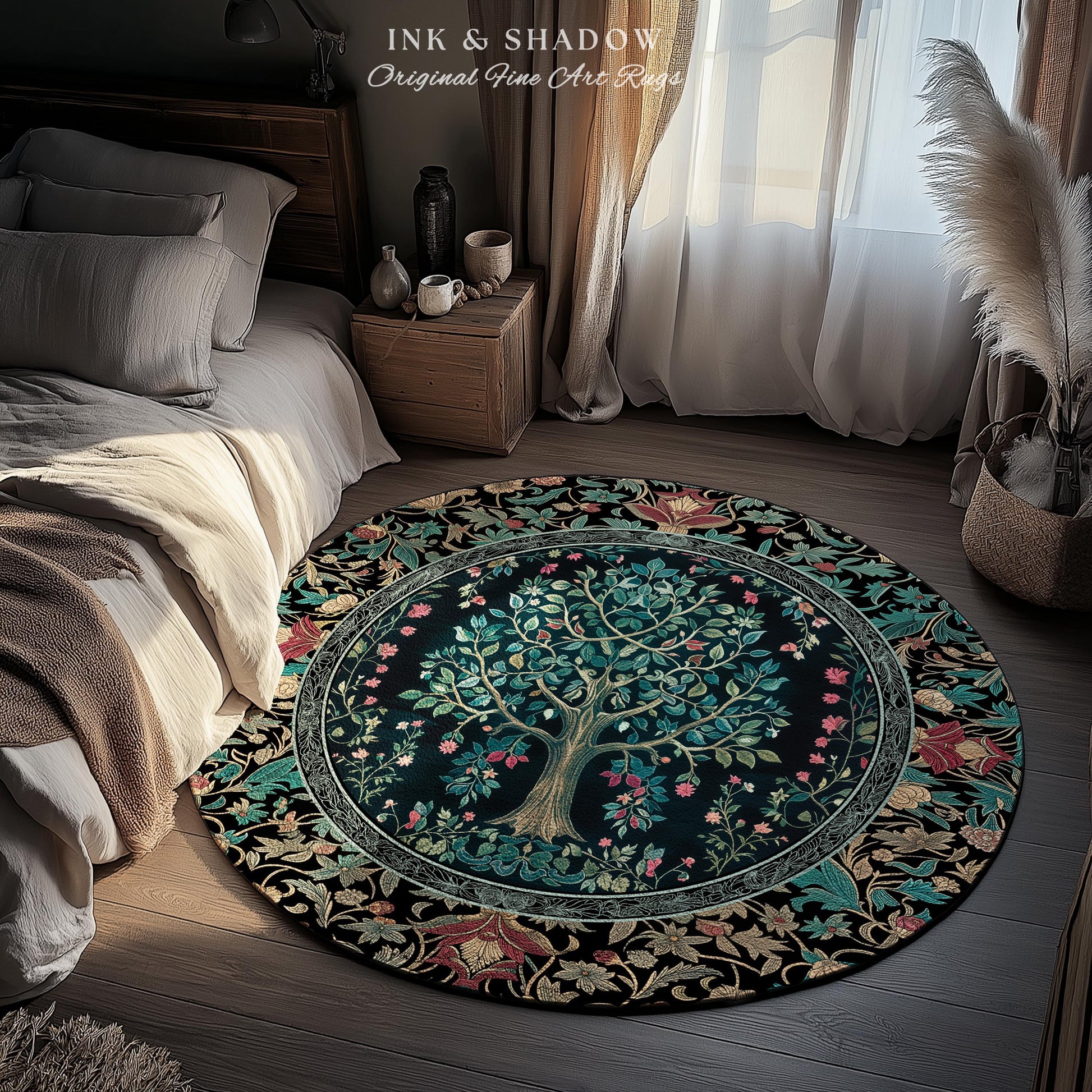Mystic Ornamental Morris Inspired Tree Rug | Cool Tones Botanical Design Fairytale Floral Art Romantic Aesthetic Rococo Cottagecore Accent