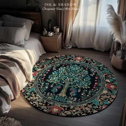 Mystic Ornamental Morris Inspired Tree Rug | Cool Tones Botanical Design Fairytale Floral Art Romantic Aesthetic Rococo Cottagecore Accent
