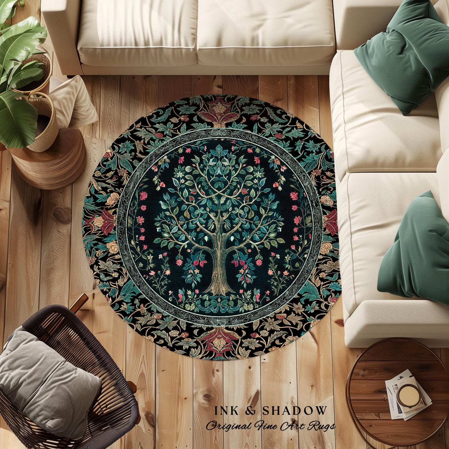 Mystic Ornamental Morris Inspired Tree Rug | Cool Tones Botanical Design Fairytale Floral Art Romantic Aesthetic Rococo Cottagecore Accent