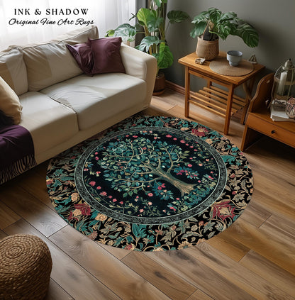 Mystic Ornamental Morris Inspired Tree Rug | Cool Tones Botanical Design Fairytale Floral Art Romantic Aesthetic Rococo Cottagecore Accent