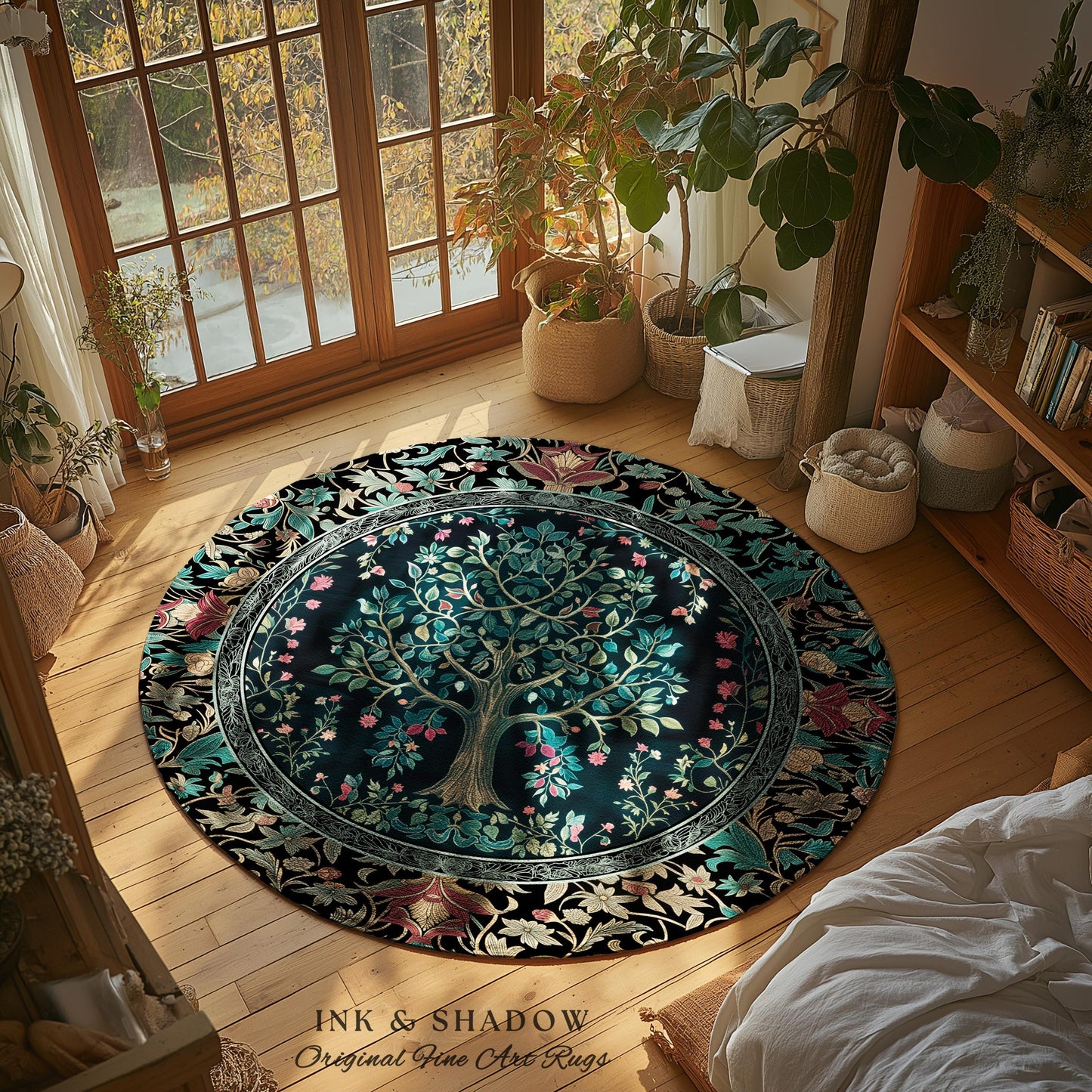 Mystic Ornamental Morris Inspired Tree Rug | Cool Tones Botanical Design Fairytale Floral Art Romantic Aesthetic Rococo Cottagecore Accent