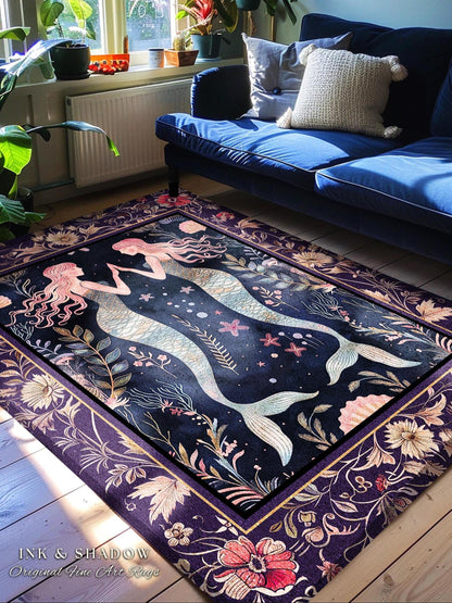 Retro Art Deco Mermaid Art Runner Rug Whimsical Coastal Cottagecore Vintage Floral Purple Decor, Enchanted Underwater Fantasy Sea Scene Rug