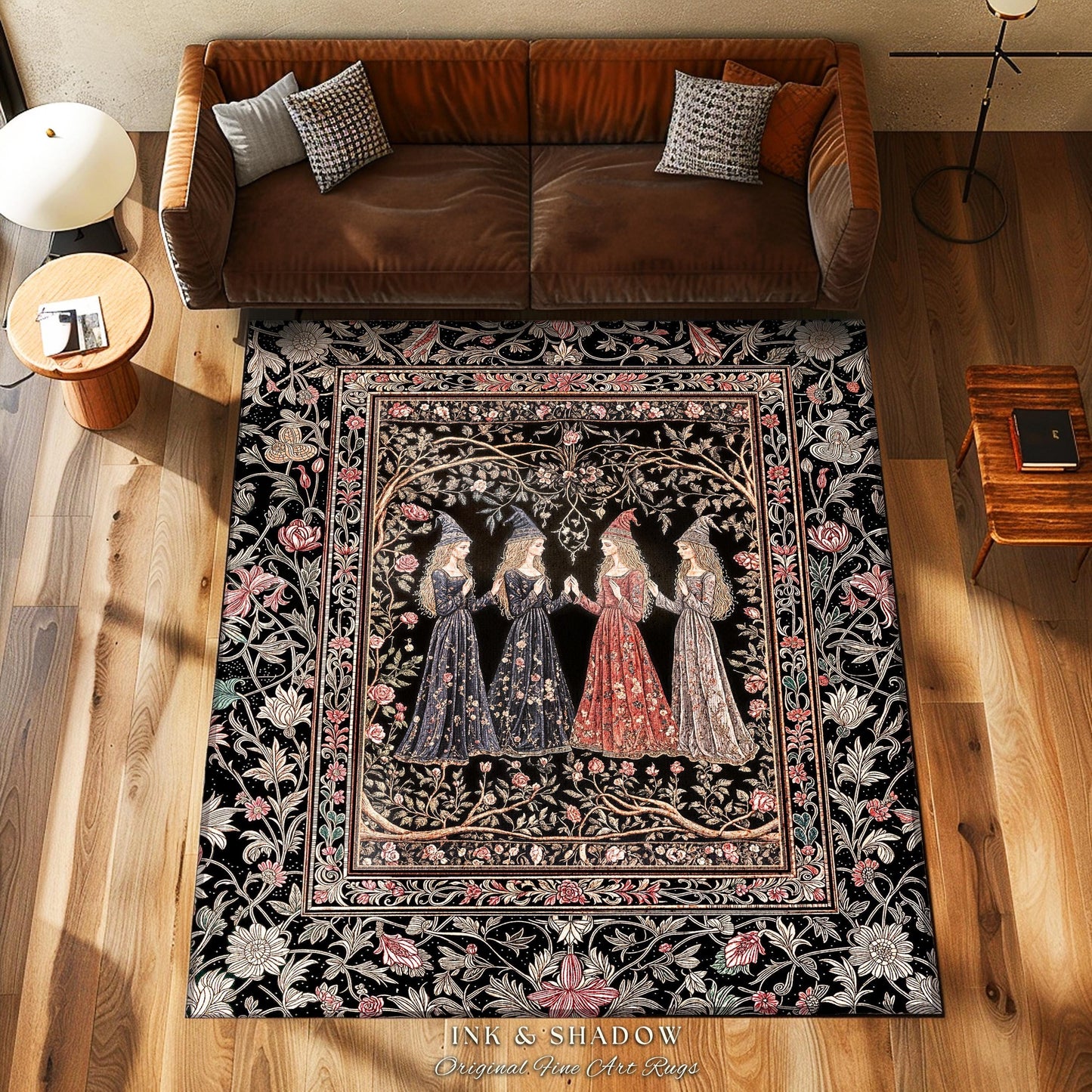 Enchanted Maidens Rustic Area Rug | Mystical Folklore Floral Gothic Art Nouveau Bedroom Rug Ethereal Coven Magic Dark Boho Aesthetic Decor
