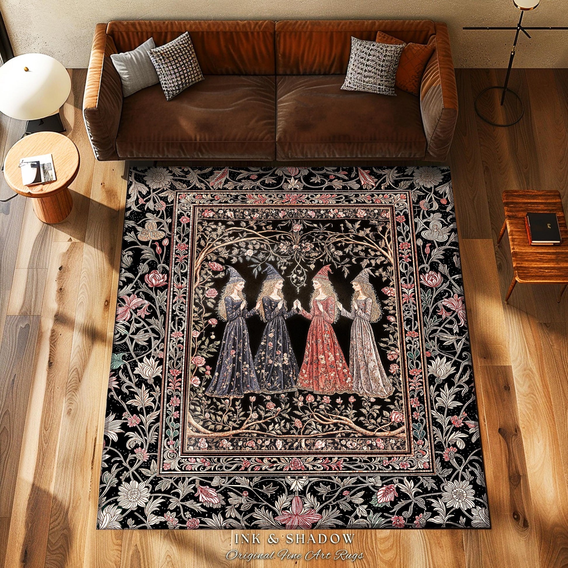 Enchanted Maidens Rustic Area Rug | Mystical Folklore Floral Gothic Art Nouveau Bedroom Rug Ethereal Coven Magic Dark Boho Aesthetic Decor