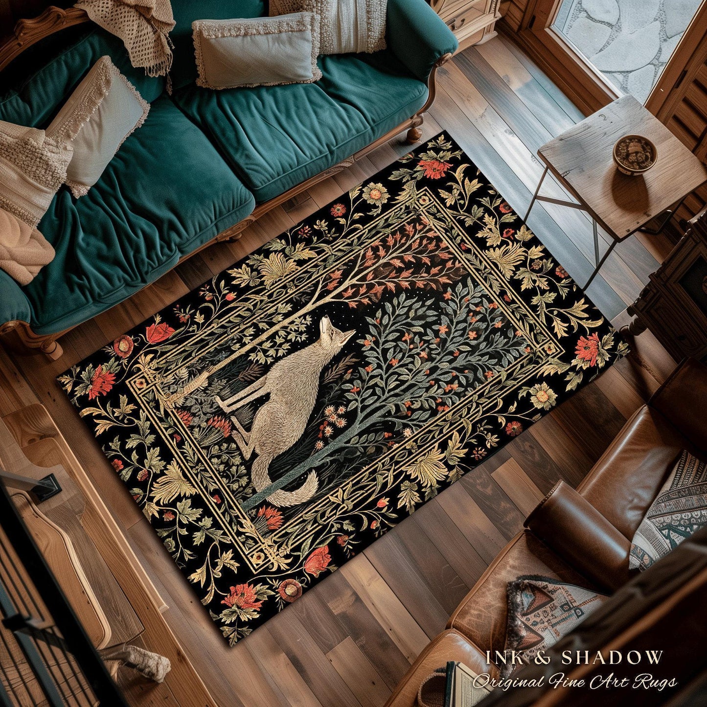 Boho Scandi Round Wolf Rug Woodland Theme Decor Morris Inspired Floral Cottagecore | Fairycore Scandinavian Danish Dark Pastel Wolf Art Rug
