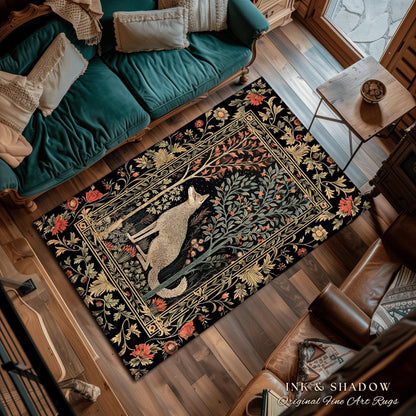 Boho Scandi Round Wolf Rug Woodland Theme Decor Morris Inspired Floral Cottagecore | Fairycore Scandinavian Danish Dark Pastel Wolf Art Rug