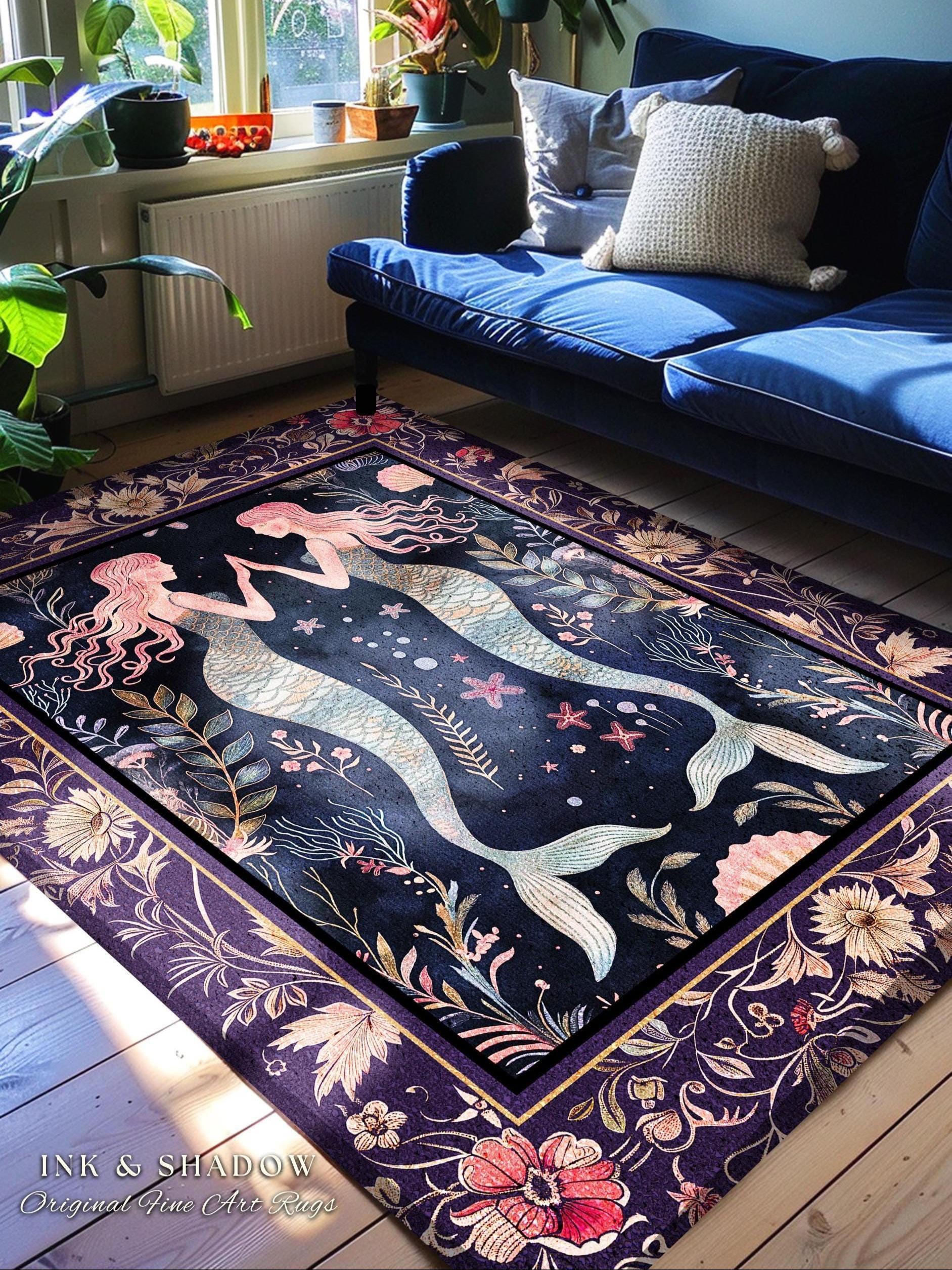 Retro Art Deco Mermaid Art Rug Whimsical Coastal Cottagecore Vintage Floral Aesthetic Purple Decor, Enchanted Underwater Fantasy Sea Scene