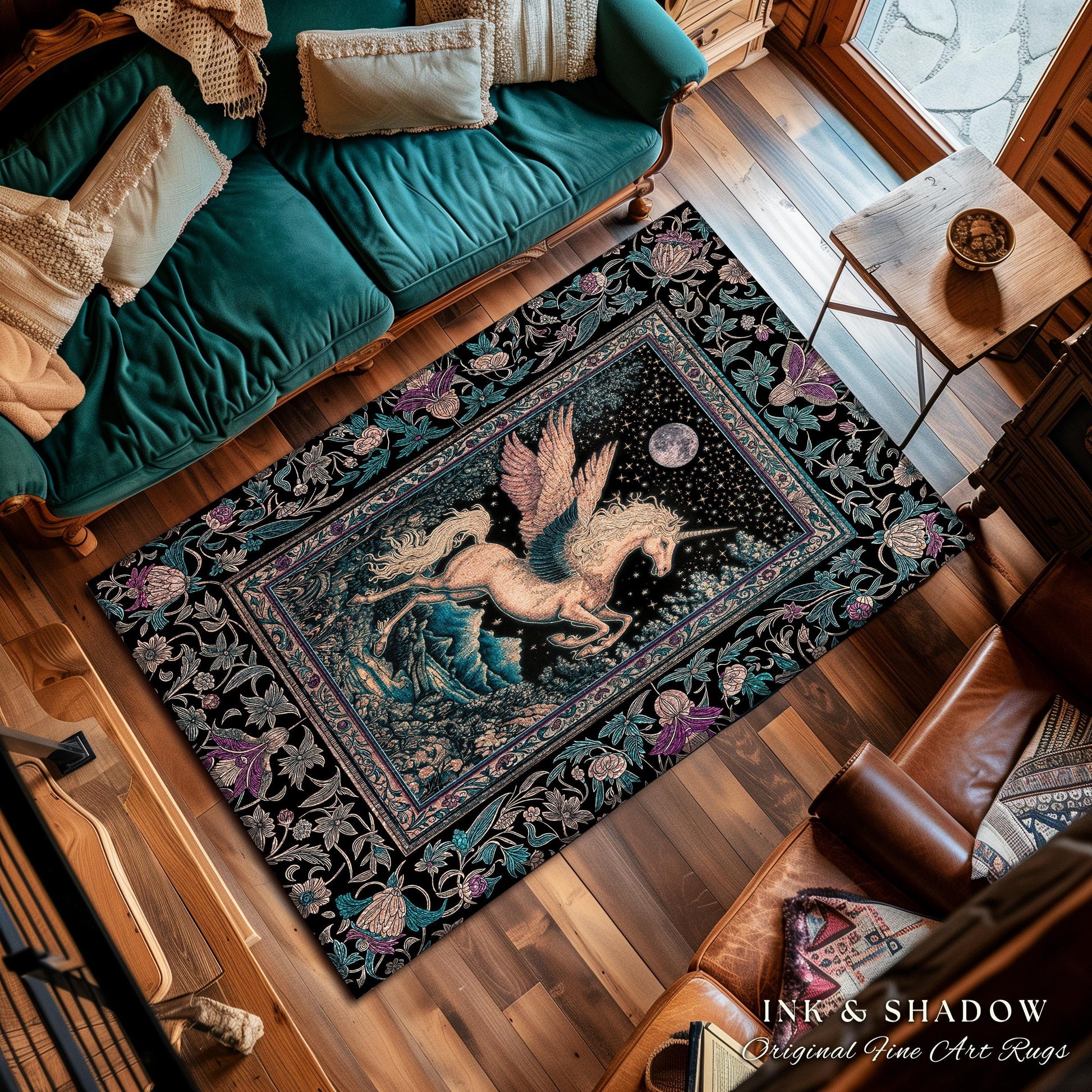 Pastel Moonlight Rustic Pegasus Rug | Baroque Fairytale Decor Whimsical Cottagecore Accent Fantasy Boho Forest Regal Castlecore Maximalist |