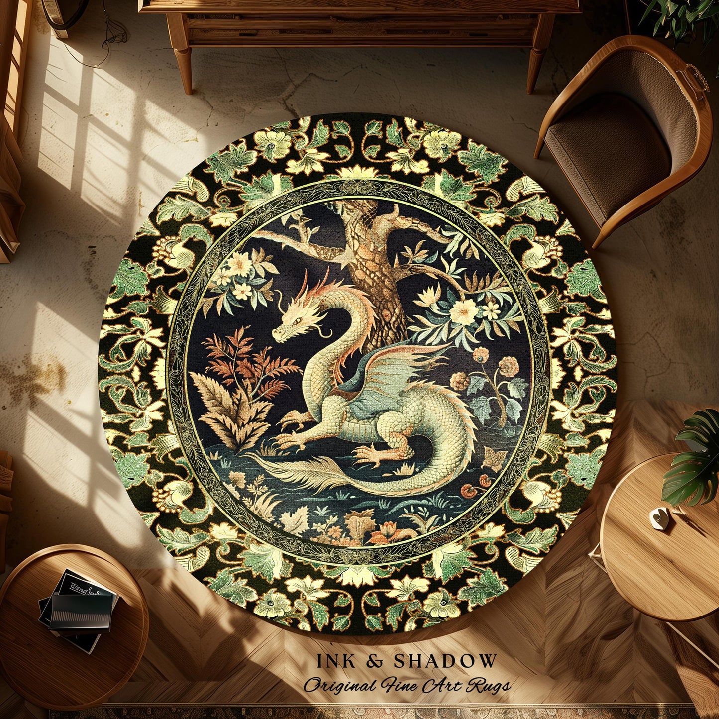 Mystical Fantasy Dragon Round Area Rug Enchanting Dark Nature | Ancient Aesthetic Chinese Dragon Art Ethereal Dragon Decoration Forestcore