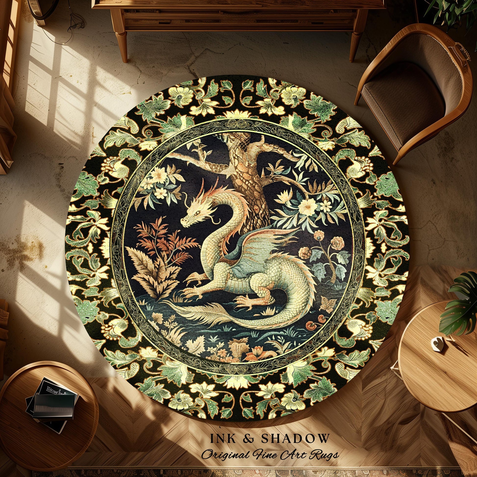 Mystical Fantasy Dragon Round Area Rug Enchanting Dark Nature | Ancient Aesthetic Chinese Dragon Art Ethereal Dragon Decoration Forestcore