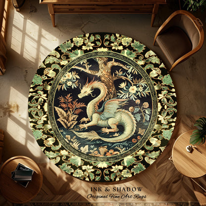 Mystical Fantasy Dragon Round Area Rug Enchanting Dark Nature | Ancient Aesthetic Chinese Dragon Art Ethereal Dragon Decoration Forestcore
