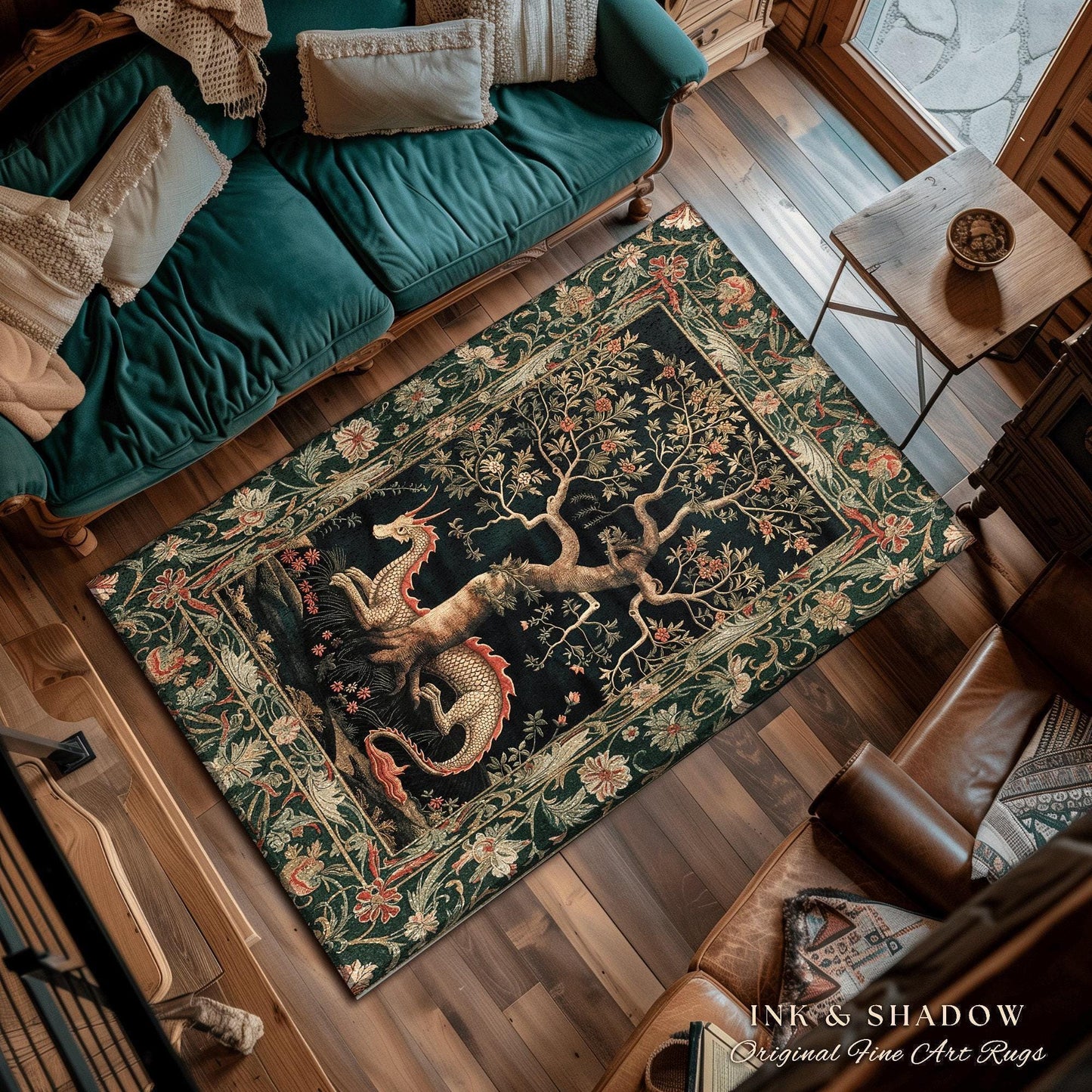 Woodland Mysticism Round Floor Rug | Ethereal Gothic Book Nook Decor Fairy Bedroom Magic Aesthetic Maximalist Cottagecore Dragon Lover Gift