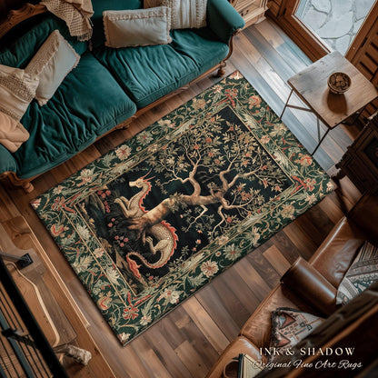 Woodland Mysticism Round Floor Rug | Ethereal Gothic Book Nook Decor Fairy Bedroom Magic Aesthetic Maximalist Cottagecore Dragon Lover Gift