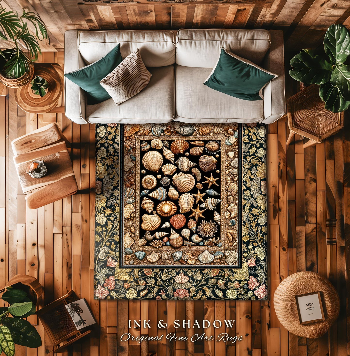 Rustic Seaside Shell Art Cozy Blanket | Oceanic Nature Tapestry Coastal Illustration Marine Life Woven Decor Nautical Maximalist Beach Style