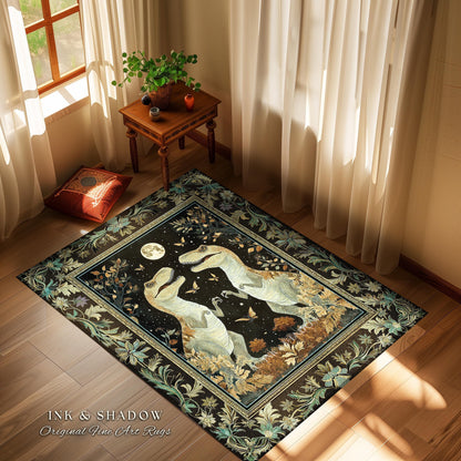 Mystical T-Rex Rug Celestial Night Enchanted Forest Decor | Whimsical Dark Woodland Whimsy Vintage Dinosaur Art Fantasy Forestcore Accent