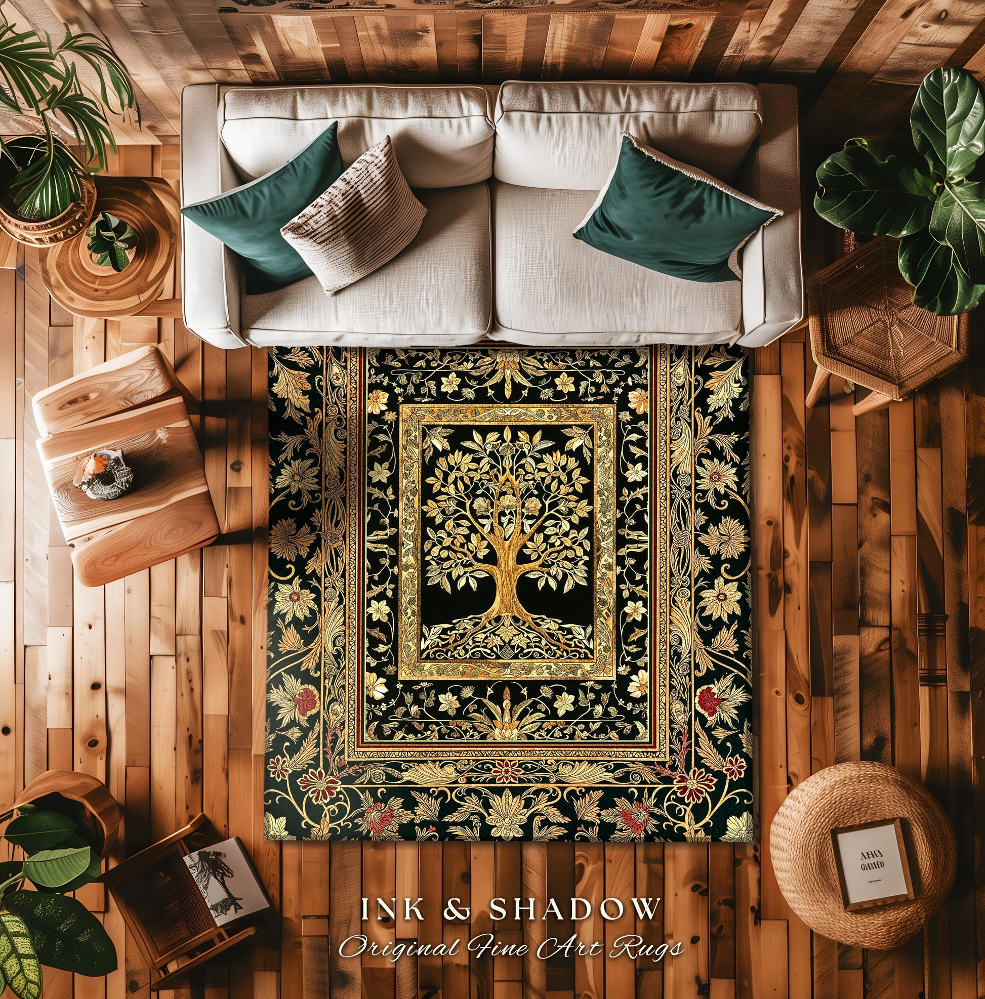 Regal Golden Tree of Life Accent Rug | Gilt Border Ornate Medieval Design Folklore Style Woodland Decor Maximalist Area Rug Nordic Aesthetic