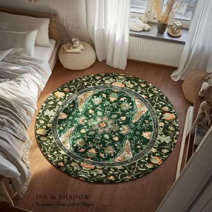 Elegant Sea Green Area Rug | Classic Ornate Statement Rug with Fine Emerald Green Detail Peachy Accent Bohemian Aesthetic for Cozy Bedroom |