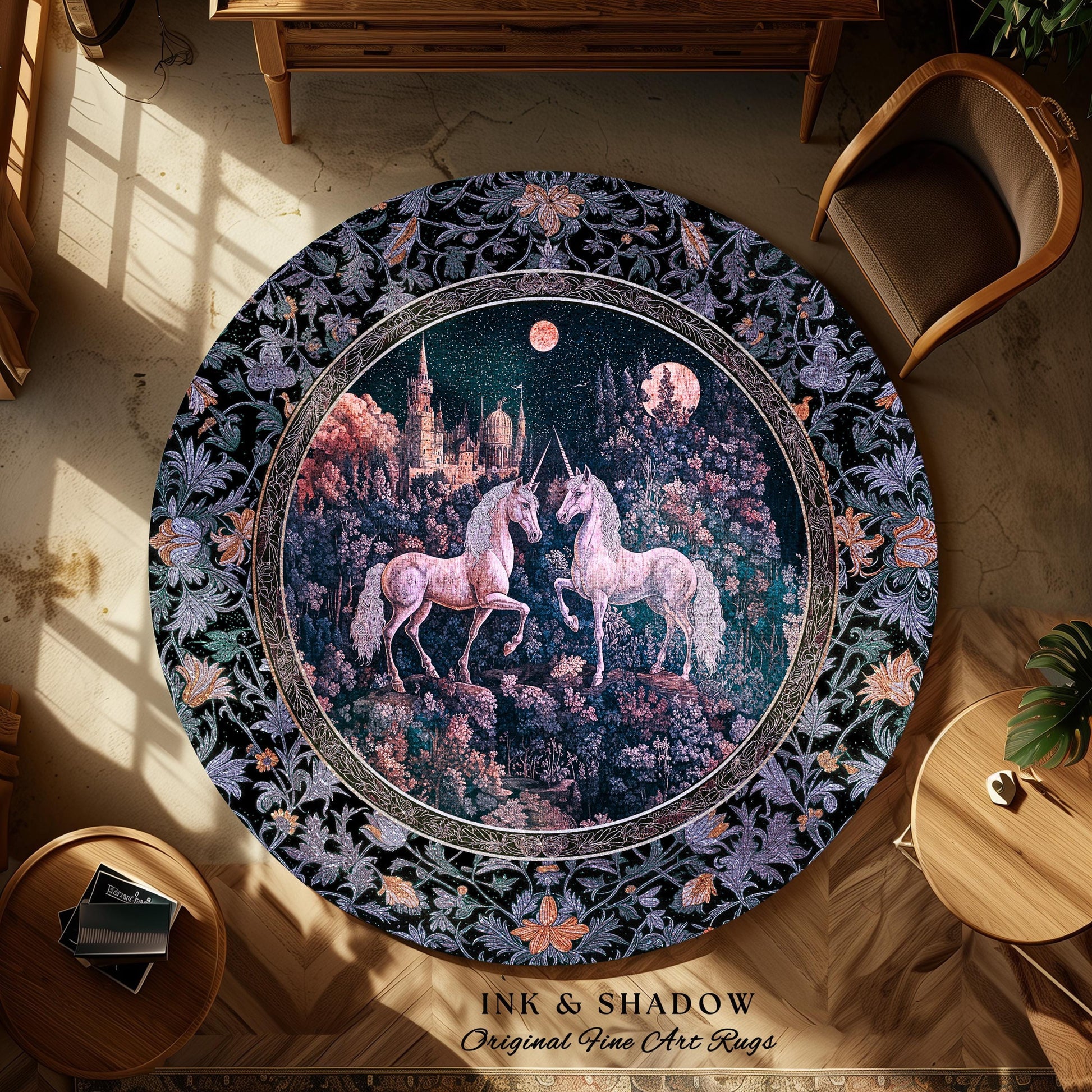 Moody Moonlit Unicorn Accent Rug | Elegant Medieval Florals Lavender Purple Whimsical Folklore Woven Tapestry Blanket Fairytale Area Rug |