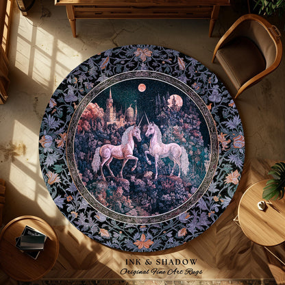 Moody Moonlit Unicorn Accent Rug | Elegant Medieval Florals Lavender Purple Whimsical Folklore Woven Tapestry Blanket Fairytale Area Rug |