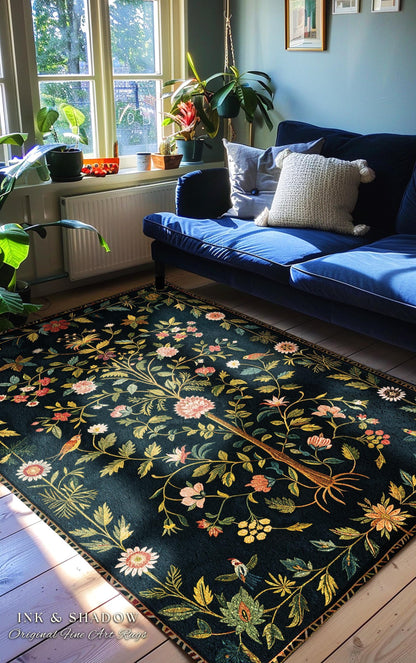 Boho Scandinavian Floral Area Rug | Wildflower Aesthetic Danish Pastel Home Decor Rustic Housewarming Gift Dark Academia Bedroom Folklore |
