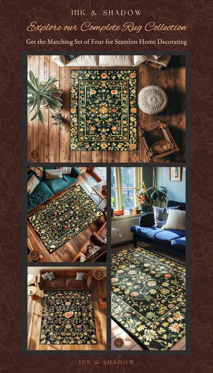 Dark Floral Living Room Rug | Wildflower Aesthetic Ornate Gothic Home Decor Rustic Boho Housewarming Gift Dark Academia Bedroom Folklore Art